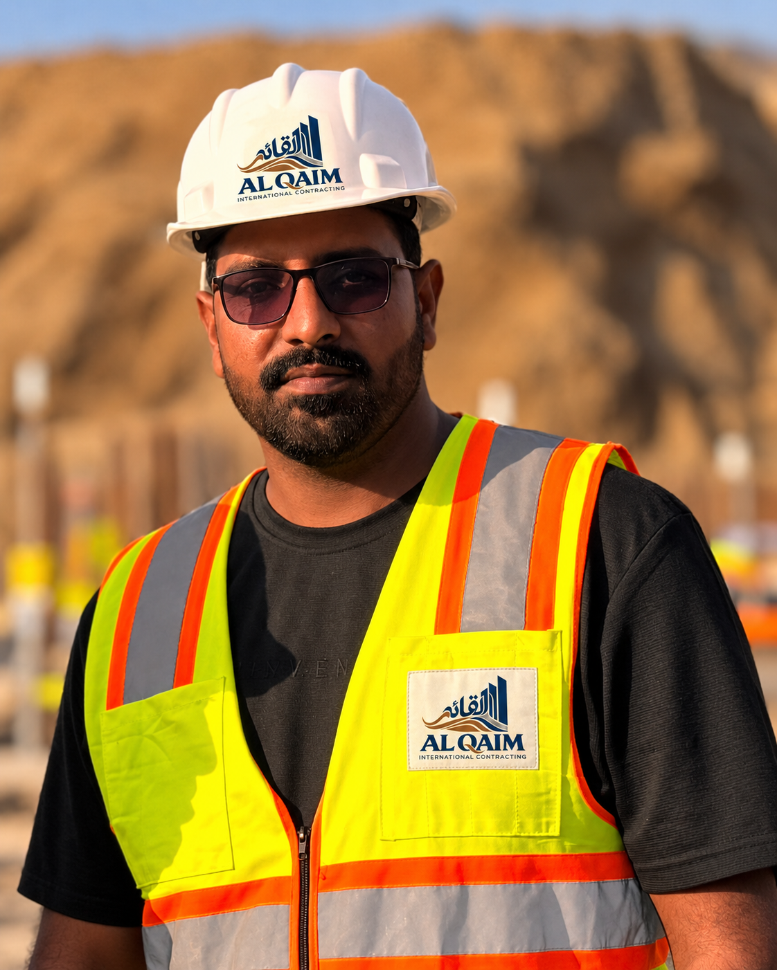 Qazar Abbas, Managing Director of Al Qaim International, wearing an Al Qaim-branded hardhat and safety vest on site